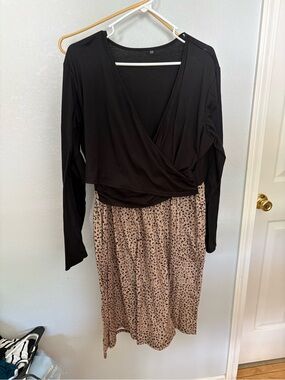 Black Wrap Top with Beige Leopard nursing Midi Skirt